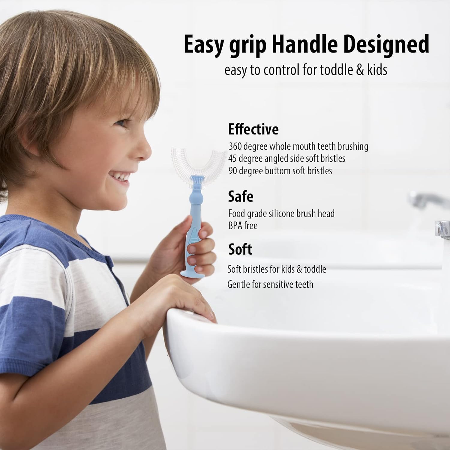 U-Shaped Kids Toothbrush – 3-Pack Soft Silicone, 360° Clean (Ages 6-12)