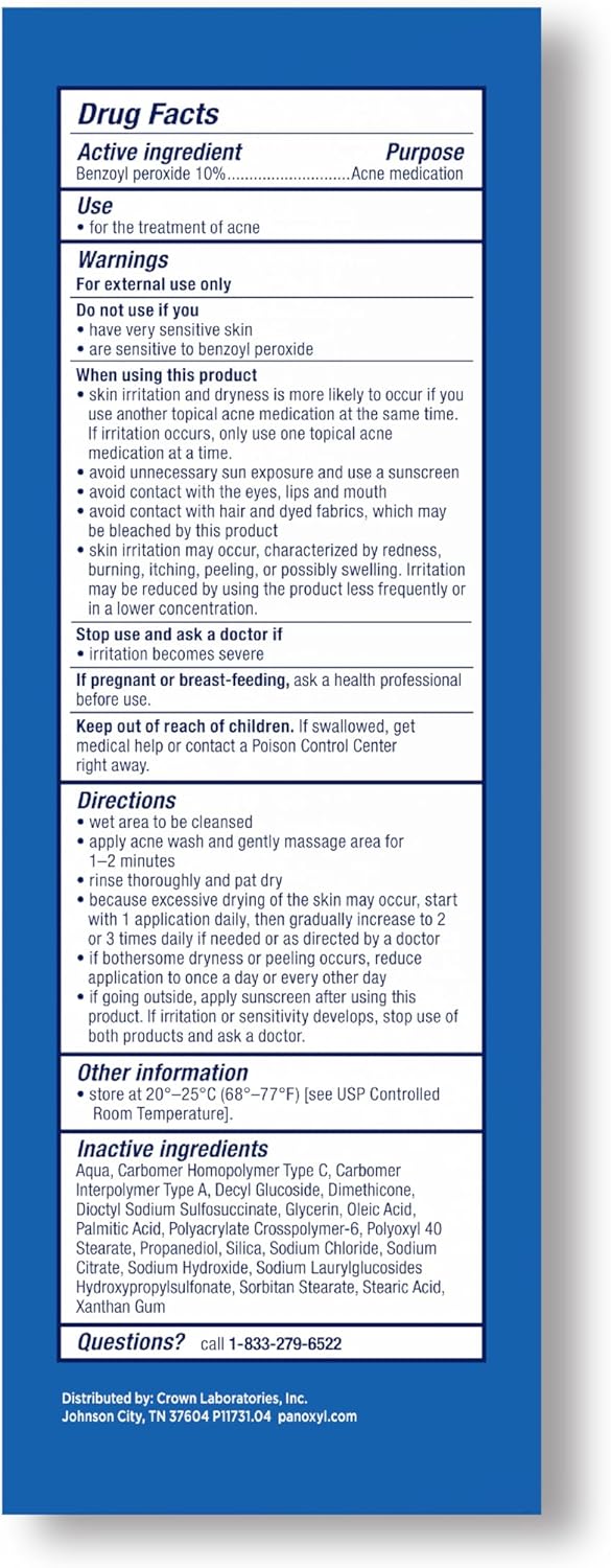 PanOxyl Acne Foaming Wash Benzoyl Peroxide 10% Maximum Strength Antimicrobial, 5.5 Oz