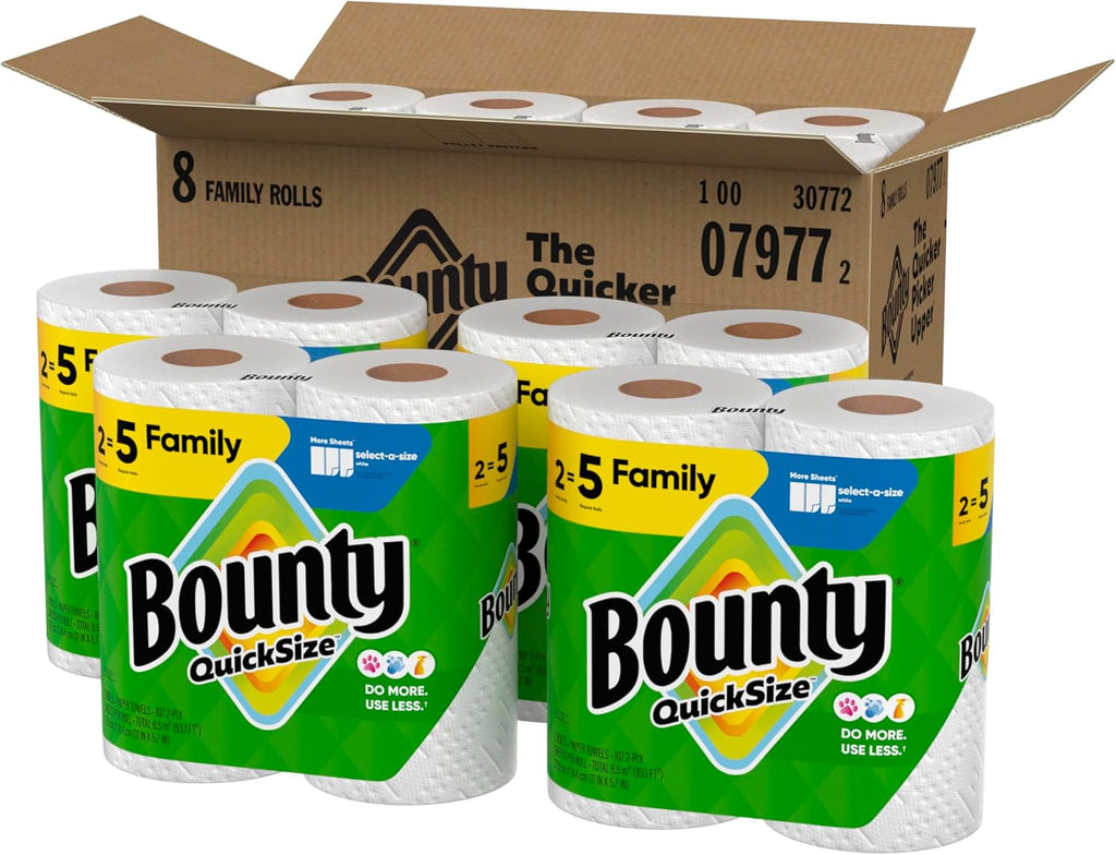 Bounty Quick Size Paper Towels – 8 Family Rolls (Equals 20 Regular Rolls)