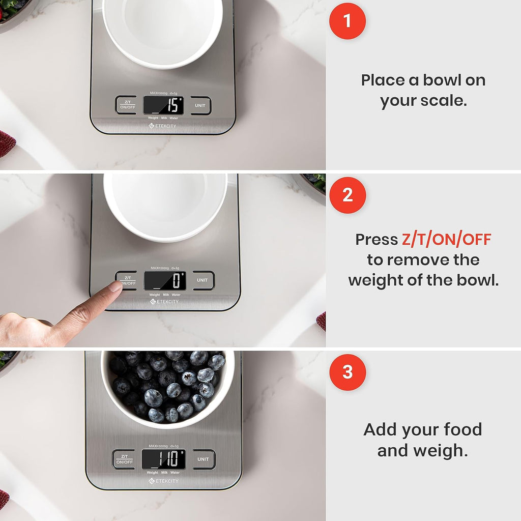 Etekcity Digital Kitchen Scale – Grams/Ounces, Stainless Steel, LCD, for Cooking & Meal Prep